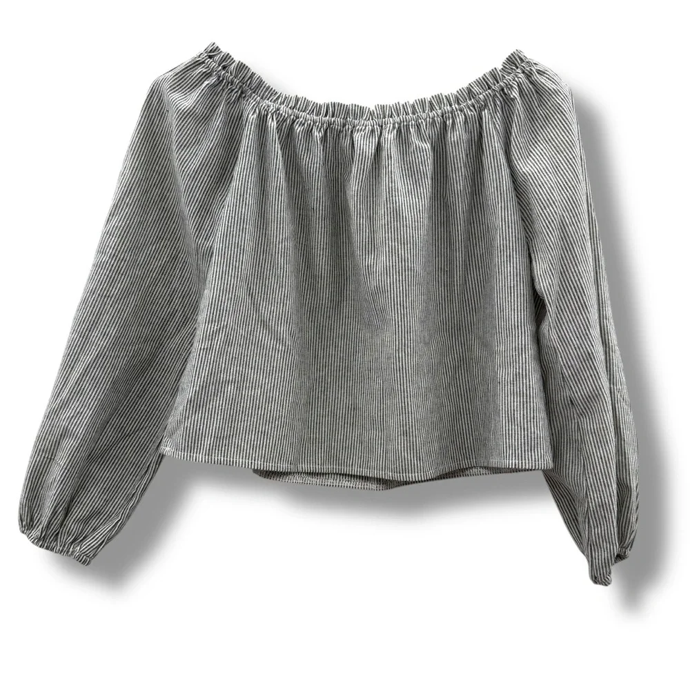 Brandy Melville Gray & White Striped Off The Shoulder 3/4‎ Sleeve Top One Size